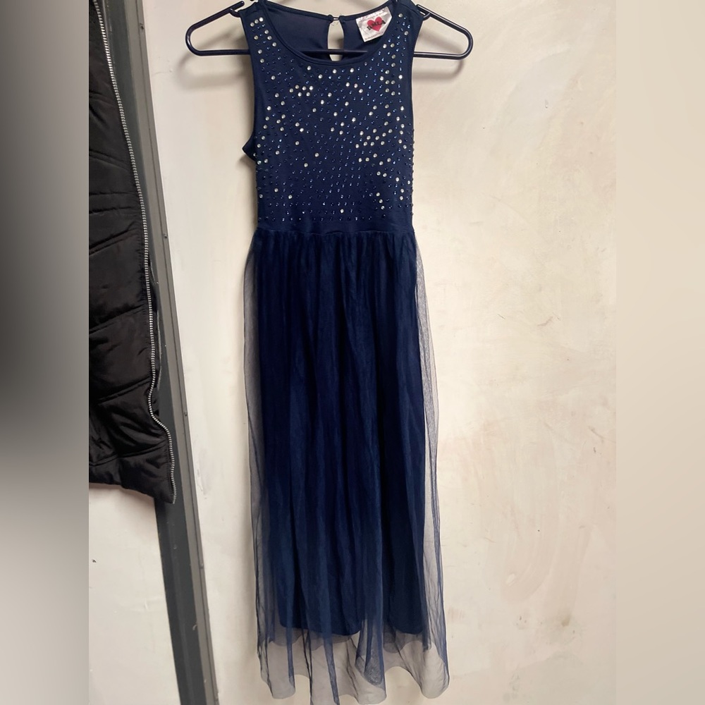 Girls holiday sleeveless dress in deep blue.